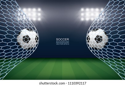Soccer football ball in soccer goal with soccer field stadium background. Vector illustration.