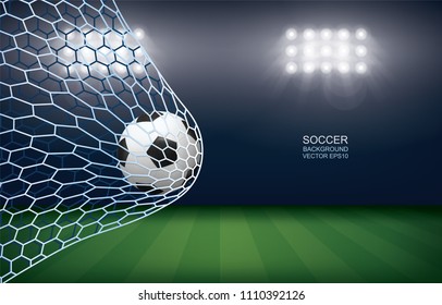 Soccer football ball in soccer goal with soccer field stadium background. Vector illustration.