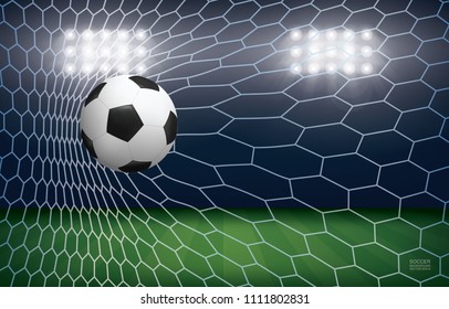 Soccer football ball in soccer goal with soccer field stadium background. Vector illustration.