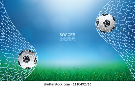 Soccer football ball in soccer goal with green grass field area and light blurred bokeh for background. Vector illustration.