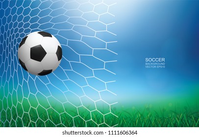 Soccer football ball in soccer goal with green grass field area and light blurred bokeh for background. Vector illustration.
