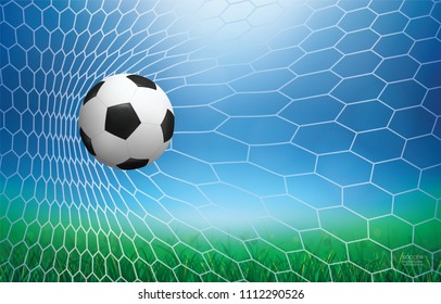 Soccer football ball in soccer goal with green grass field area and light blurred bokeh for background. Vector illustration.