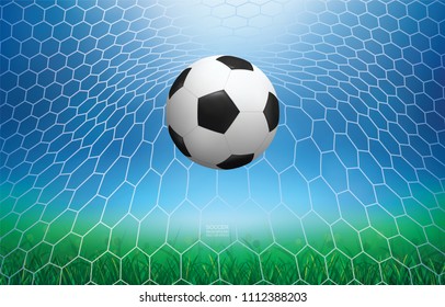 Soccer football ball in soccer goal with green grass field area and light blurred bokeh for background. Vector illustration.