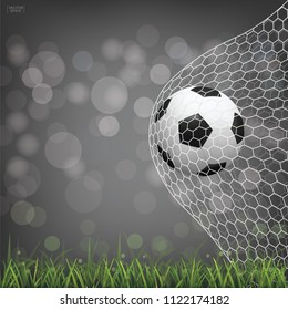 Soccer football ball in soccer goal with light blurred bokeh background. Vector illustration.