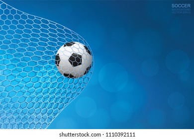Soccer football ball in goal and soccer net with light blurred bokeh background for football sport. Vector illustration.