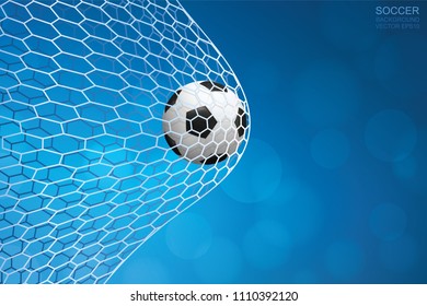 Soccer football ball in goal and soccer net with light blurred bokeh background for football sport. Vector illustration.