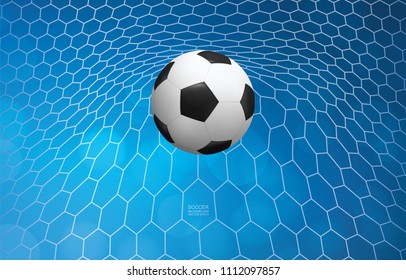 Soccer football ball in goal and soccer net with light blurred bokeh background for football sport. Vector illustration.