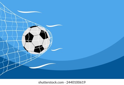 Soccer or football ball in goal net in flat design. Sport accessory, equipment for playing game, championship or competition.