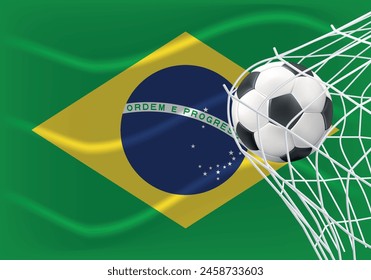 Soccer or football ball in goal net isolated on Brazil wavy flag, sports accessory, equipment for playing game, championship or competition, design element. Realistic 3d vector illustration.