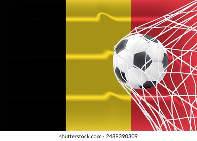 Soccer football ball in ball in goal net on Belgium wave flag, championship or competition, design element, sports accessory, equipment for playing game, 3D vector illustration, art work