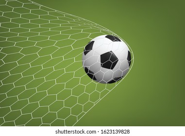 Soccer football ball in goal with white net and green field background. Vector illustration.