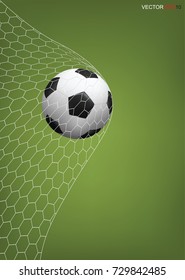 Soccer football ball in goal with white net and green field background. Vector illustration.