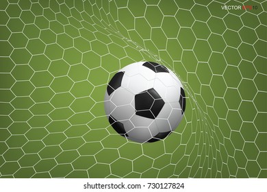 Soccer football ball in goal with white net and green field background. Vector illustration.