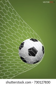 Soccer football ball in goal with white net and green field background. Vector illustration.