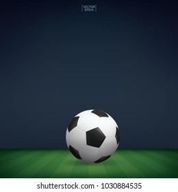 Soccer football ball in green grass of soccer field or football field stadium background. Vector illustration.