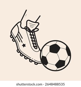 Bola de futebol de futebol chutada a pé dentro chutada sapato vetor ícone de contorno