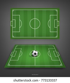 Soccer football ball on soccer football field with gray gradient background. Perspective elements. Vector green court for create soccer game.