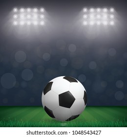 Soccer football ball on grass field of soccer field stadium background. Vector illustration.
