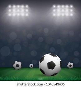 Soccer football ball on grass field of soccer field stadium background. Vector illustration.