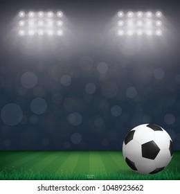 Soccer football ball on grass field of soccer field stadium background. Vector illustration.