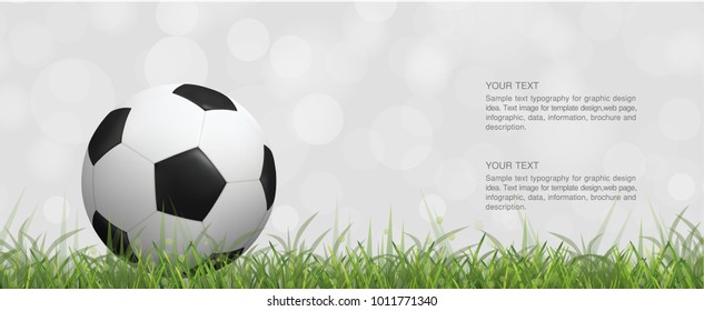 Soccer football ball on green grass field and light blurred bokeh background. With area for copy space, text, message, word. Vector illustration.