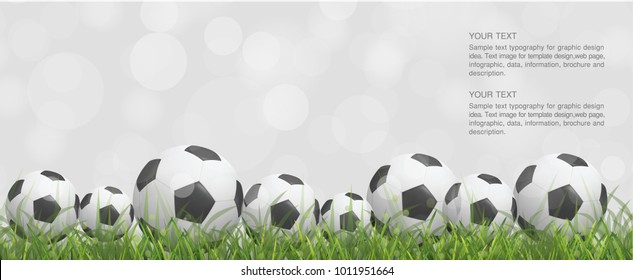 Soccer football ball on green grass field and light blurred bokeh background. With area for copy space, text, message, word. Vector illustration.