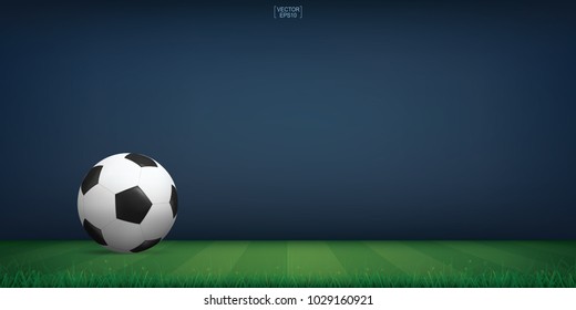 Soccer football ball on green grass of soccer field or football field stadium background. Vector illustration.