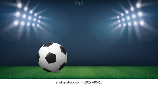Soccer football ball on green grass of soccer field or football field stadium background. Vector illustration.