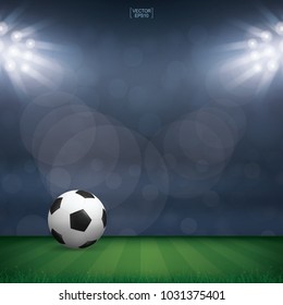 Soccer football ball on green grass field of soccer field or football field stadium background. Vector illustration.