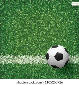 Soccer football ball on green grass of soccer field background with white line. Vector illustration.