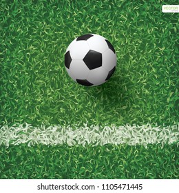 Soccer football ball on green grass of soccer field background with white line. Vector illustration.