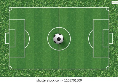 Soccer football ball on green grass of soccer field background. Vector illustration.