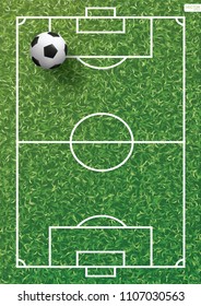 Soccer football ball on green grass of soccer field with line pattern and grass texture background. Vector illustration.