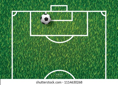 Soccer football ball on green grass of soccer field background. Vector illustration.