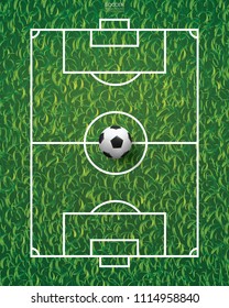 Soccer football ball on green grass of soccer field background. Vector illustration.