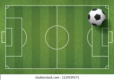 Soccer football ball on green grass of soccer field pattern and texture for background. Vector illustration.