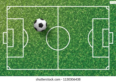 Soccer football ball on green grass of soccer field with line pattern and grass texture background. Vector illustration.