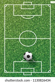 Soccer football ball on green grass of soccer field with line pattern and grass texture background. Vector illustration.