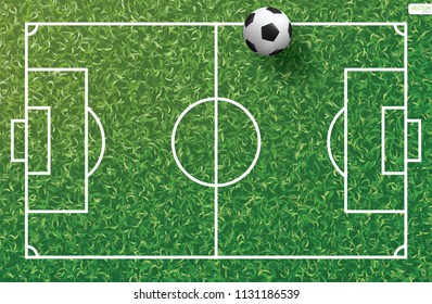 Soccer football ball on green grass of soccer field with line pattern and grass texture background. Vector illustration.