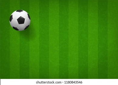 Soccer football ball on green grass field pattern background. Vector illustration.