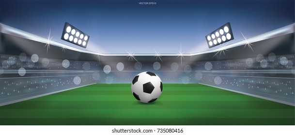 Soccer football ball on green field of football stadium background with lights and tribunes. Vector abstract background.