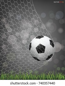 Soccer football ball on green grass field with light blurred bokeh background. Vector illustration.