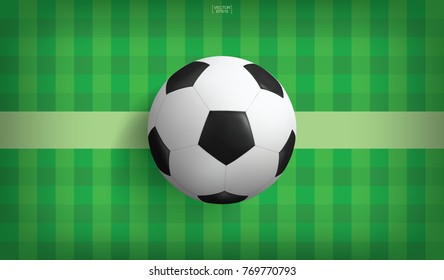 Soccer football ball on green grass pattern of soccer field. Vector illustration.