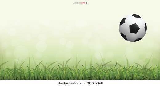 Soccer football ball on green grass field with light blurred bokeh background. Vector illustration.