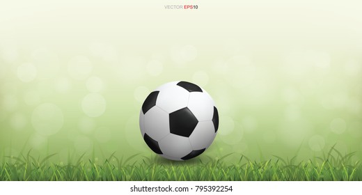 Soccer football ball on green grass field with light blurred bokeh background. Vector illustration.