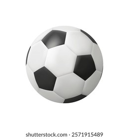 Soccer or football ball realistic 3d design style illustration. Vector leather texture white and black color ball mockup, sports element, leisure activities, hobby and training, entertainment