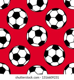 Soccer, football balls seamless pattern over red. Sport game equipment vector background.