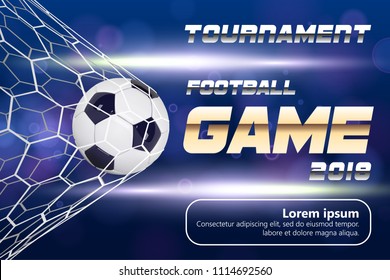 Soccer or Football Banner With 3d Ball on blue background. Soccer game match goal moment with realistic ball in the net and place for text.