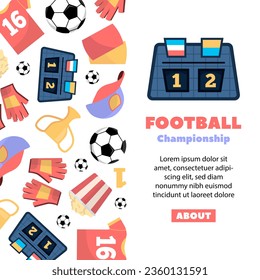 soccer football banner. cartoon set of isolated objects, sports equipment, ball cup, tshirt, scoreboard, mittens, uniform. vector cartoon footbal competition activity vertical banner.