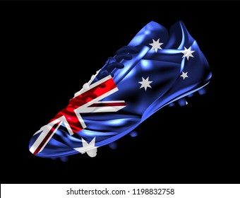 Soccer football boot with the flag of Australia printed on it, isolated on dark background, vector illustration 3d, 3 dimension, print, design